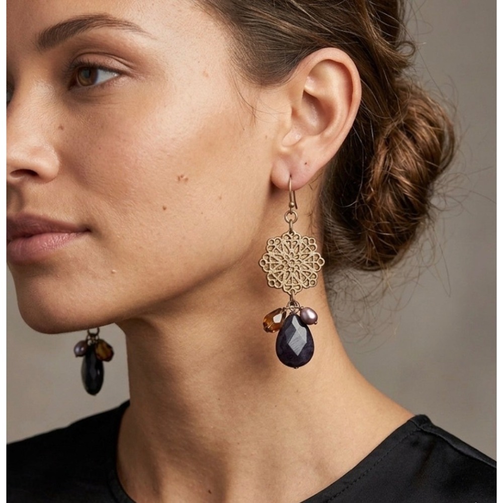 by HUGO Filigree Drop Earrings Purple‎ Faceted Stone Antique Gold Tone Boho 3"